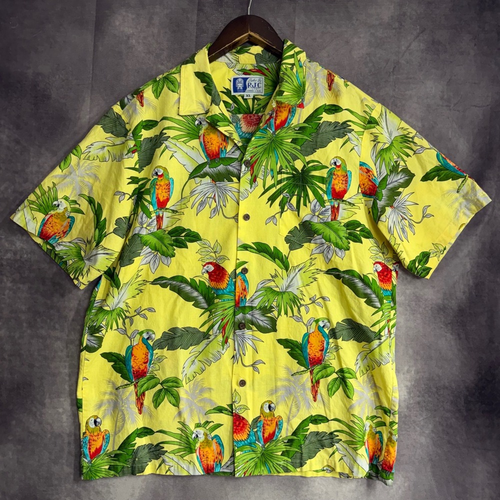 RJC Hawaiian Shirt Mens XL Yellow Parrot Tropical Palm Tree Made in Hawaii USA